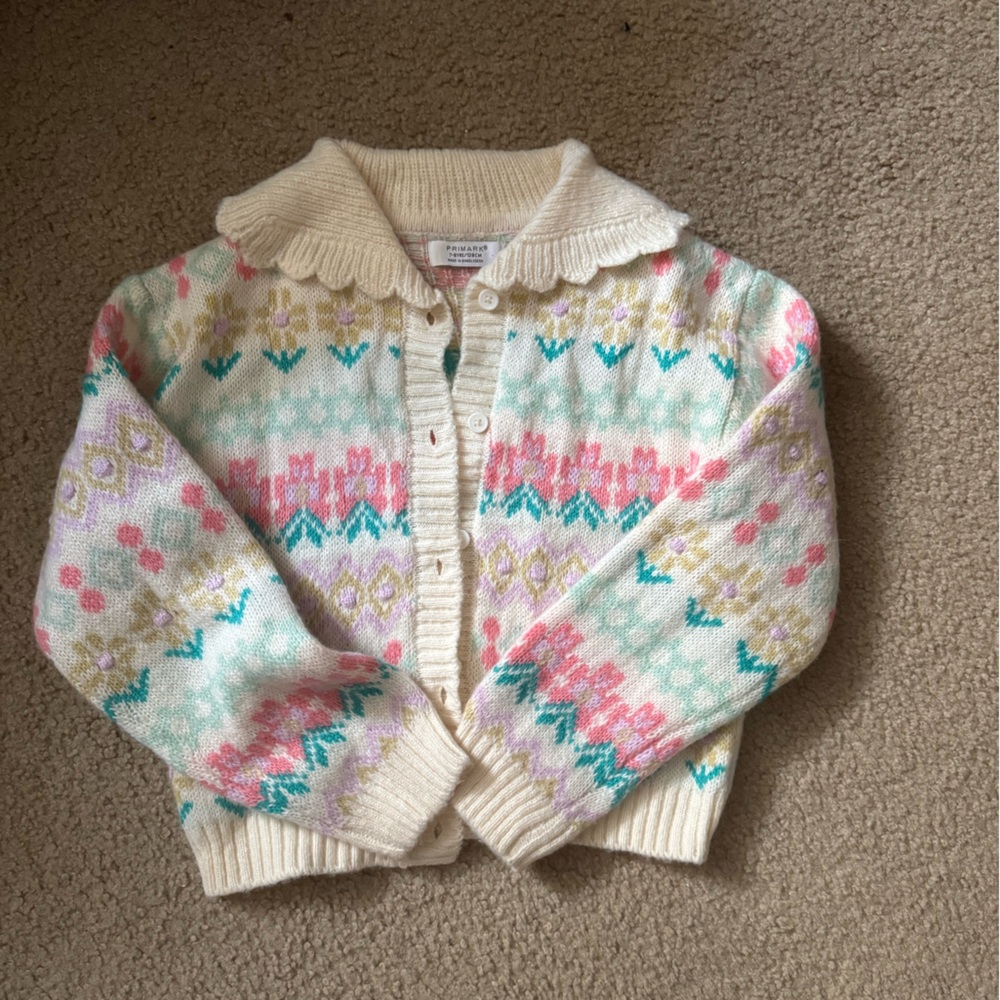 Primark Cream and Pink Patterned Knit Kids Cardigan